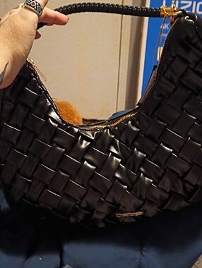 bebe Black Woven Shoulder Bag with Gold Hardware